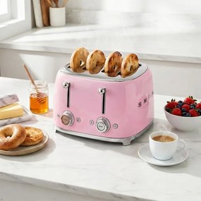 Prăjitor de pâine SMEG 50's Style TSF03PKEU, 2000 W, 4 felii, 6 niveluri, Tava pentru firimituri, Cablu integrat, Oțel inoxidabil, Roz