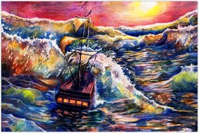 Tablou - Navă pe valurile oceanului, aquarelă (90x60 cm)