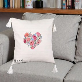 Perna Decorativa Inima din Bujori Acuarela, 40x40 cm, Bej cu Franjuri, Husa Detasabila, Perna Inclusa, BEKZ®