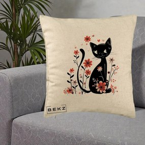 Perna Decorativa Pisica Neagra Flori Roz si Inimi, 40x40 cm, Bej, Husa Detasabila, Perna Inclusa, BEKZ®