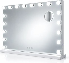 Oglindă cosmetică, sistem iluminare LED cu 3 culori, Luminozitate reglabilă, Senzor Tactil, Port încărcare USB+Type C, Oglindă de mărire 10X, Alb