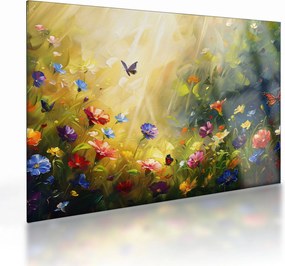 Tablou pe sticlă - Pajiște cu flori de primăvară, pictură (70x50 cm)