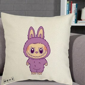 Perna Personalizata Labubu Violet Solo, 40x40 cm, Ecru, Husa Detasabila, Perna Inclusa, BEKZ®