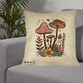 Perna Decorativa Ciuperci Boho Multicolore, 40x40 cm, Crem, Husa Detasabila, Perna Inclusa, BEKZ®