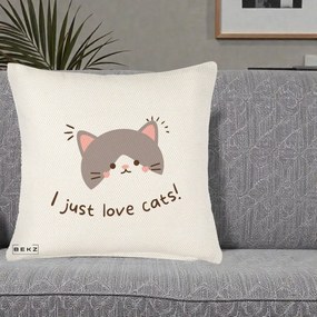 Perna Personalizata I Just Love Cats Pisica Kawaii, 40x40 cm, Crem Reliefat, Husa Detasabila, Perna Inclusa, BEKZ®
