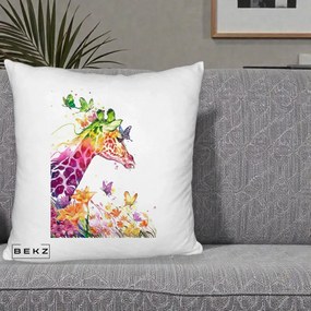 Perna Decorativa Girafa Curcubeu Acuarela, 40x40 cm, Alb Pufos, Husa Detasabila, Perna Inclusa, BEKZ®