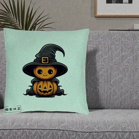 Perna Decorativa Halloween Dovleac Vrajitor Kawaii, 40x40 cm, Verde Menta, Husa Detasabila, Perna Inclusa, BEKZ®