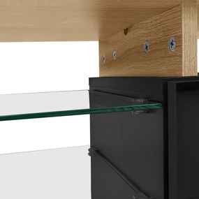 Comodă TV cu iluminare LED, spațiu de depozitare și rafturi din sticlă, 170x33x33,5 cm, Culoare naturală+Negru