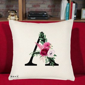Cadou Personalizat - Perna Personalizata Monograma Florala Litera A, 40x40 cm, Crem Reliefat, Husa Detasabila, Perna Inclusa, BEKZ®