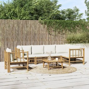 Set mobilier de gradina cu perne alb crem, 7 piese, bambus
