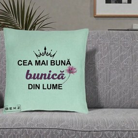 Cadou pentru Bunica - Perna Personalizata Cea Mai Buna Bunica Din Lume Coroana Mov Floare Roz, 40x40 cm, Verde Menta, Husa Detasabila, Perna Inclusa, BEKZ®