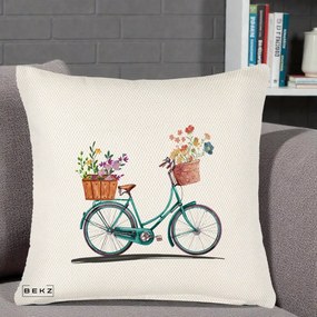 Perna Decorativa Bicicleta Florala Turcoaz Acuarela, 40x40 cm, Crem Reliefat, Husa Detasabila, Perna Inclusa, BEKZ®