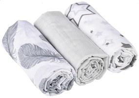 Baby Nellys Scutece de muselina 3ks Lux - pene, stele, 70 x 80 cm, gri/alb