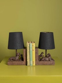 Set 2 lămpi de masă din bumbac negru, cu structură din rășină maro în formă de câine, finisaj patinat, 28×31×13 cm, „Compagnon"