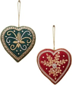 Set 2 ornamente decorative din catifea, verde și bordo, formă de inimă, broderii din fir auriu și contur din perle, 11 x 11 cm, „Cœur”