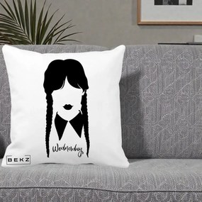 Perna Personalizata Wednesday Addams Silueta Alb-Negru, 40x40 cm, Alba Mata, Husa Detasabila, Perna Inclusa, BEKZ®