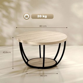 HOMCOM Măsuță de Cafea Rotundă cu 2 Rafturi, Picioare Metalice, Blat Gros, 80x80x43,8 cm, Finisaj Lemn Natur | Aosom Romania