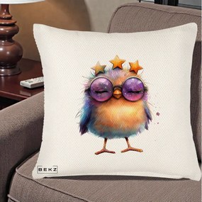 Perna Decorativa Pui Pop Star cu Ochelari Stele Violet, 40x40 cm, Crem Reliefat, Husa Detasabila, Perna Inclusa, BEKZ®