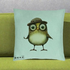 Perna Decorativa Pui Intelectual cu Palarie Tweed, 40x40 cm, Verde Menta, Husa Detasabila, Perna Inclusa, BEKZ®