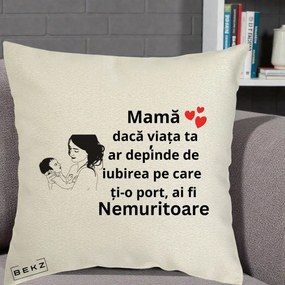 Cadou pentru Mama - Perna Personalizata Mama Nemuritoare Imbratisare Copil, 40x40 cm, Ecru, Husa Detasabila, Perna Inclusa, BEKZ®