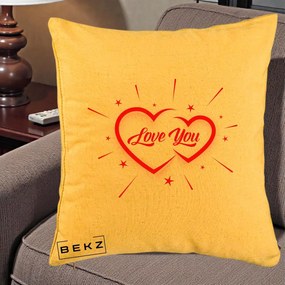 Cadou Romantic - Perna Personalizata Love You Doua Inimi, 40x40 cm, Galben, Husa Detasabila, Perna Inclusa, BEKZ®