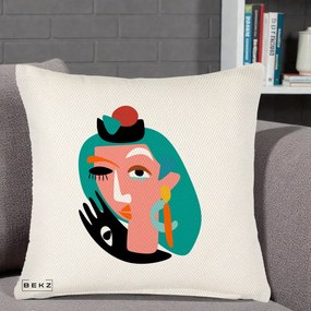 Perna Decorativa Portret Abstract Matisse Turcoaz, 40x40 cm, Crem Reliefat, Husa Detasabila, Perna Inclusa, BEKZ®
