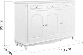 Bufet lemn masiv alb Elizabeth, 140 × 47 × 95 cm