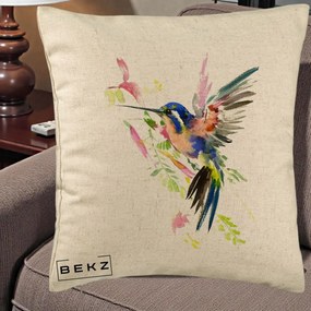 Perna Decorativa Colibri Acuarela, 40x40 cm, Bej, Husa Detasabila, Perna Inclusa, BEKZ®
