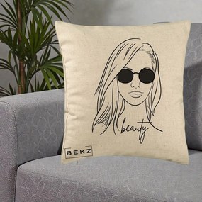 Perna Decorativa Beauty Girl Line Art, 40x40 cm, Bej, Husa Detasabila, Perna Inclusa, BEKZ®