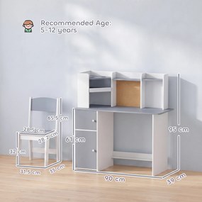 AIYAPLAY Set birou și scaun pentru copii cu suport pentru pixuri, suport reglabil pentru tabletă, dulapuri și tablă din plută, gri | Aosom Romania