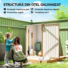 Outsunny Căsuță de Grădină 0.92m² din Oțel Galvanizat, Depozit pentru Unelte cu Ușă Blocabilă, Acoperiș Înclinat, 100x104x160 cm, Maro Deschis cu Aspect de Lemn | Aosom Romania