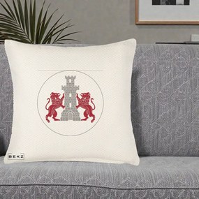 Perna Personalizata Cetatea Turnu Magurele Heraldic, 40x40 cm, Crem Reliefat, Husa Detasabila, Perna Inclusa, BEKZ®