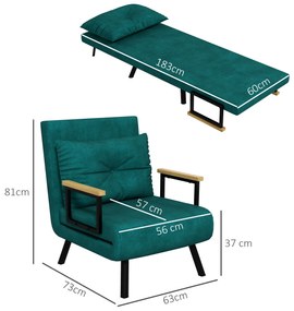 HOMCOM Canapea Extensibilă cu Spătar Reglabil pe 5 Nivele, Canapea Pat Individuală Pliabilă cu Perne, 63x73x81 cm, Verde | Aosom Romania