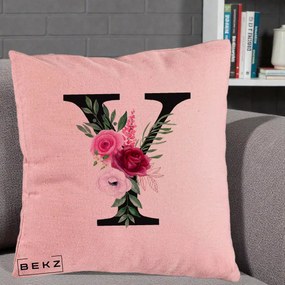 Cadou Personalizat - Perna Personalizata Monograma Florala Litera Y cu Buchet, 40x40 cm, Roz, Husa Detasabila, Perna Inclusa, BEKZ®