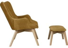 Fotoliu cu taburet galben muștar cu tapițerie din catifea Niko – Ropez