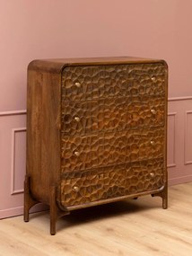 Comodă din lemn de mango cu 4 sertare , natur, cu decor sculptat în relief și mânere din alamă, 120x45x99 cm, „Atlas"