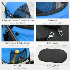 Carucior pentru caini PawHut pliabil cu plafon reglabil, geanta si roti, albastru 82x47x97cm | AOSOM RO