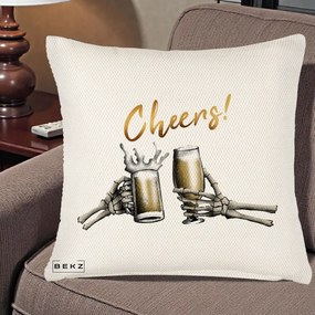 Perna Decorativa Halloween Cheers Schelete cu Bere, 40x40 cm, Crem Reliefat, Husa Detasabila, Perna Inclusa, BEKZ®