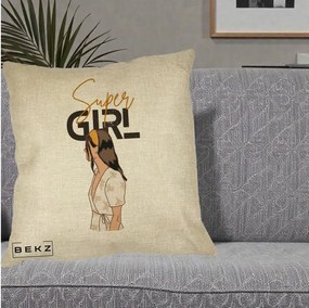 Perna Decorativa Super Girl Aesthetic, 40x40 cm, Crem, Husa Detasabila, Perna Inclusa, BEKZ®