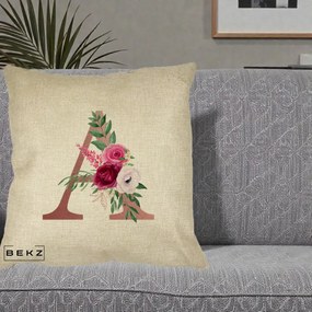 Cadou Personalizat - Perna Personalizata Monograma Rose Gold Litera A, 40x40 cm, Crem, Husa Detasabila, Perna Inclusa, BEKZ®