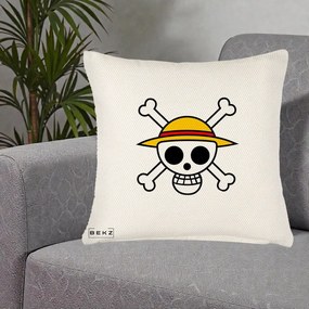 Perna Personalizata One Piece Jolly Roger Straw Hat Pirates, 40x40 cm, Crem Reliefat, Husa Detasabila, Perna Inclusa, BEKZ®