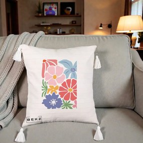 Perna Decorativa Flori Grafice Roz-Rosu-Albastru, 40x40 cm, Bej cu Franjuri, Husa Detasabila, Perna Inclusa, BEKZ®