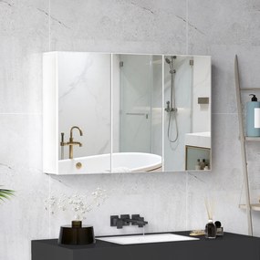HOMCOM Dulap cu oglindă pentru baie, Badschrank cu 3 uși cu oglindă, Montaj pe perete, 90 x 15,5 x 60 cm, Placă de fibră, Alb | Aosom Romania
