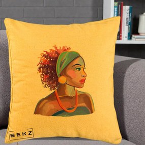 Perna Decorativa Portret Femeie Urbana Acuarela, 40x40 cm, Galben, Husa Detasabila, Perna Inclusa, BEKZ®