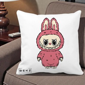 Perna Personalizata Labubu Roz Solo, 40x40 cm, Alba Mata, Husa Detasabila, Perna Inclusa, BEKZ®