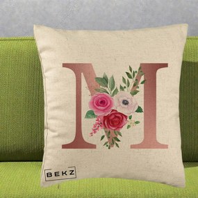 Cadou Personalizat - Perna Personalizata Monograma Rose Gold Litera M cu Trandafiri, 40x40 cm, Bej, Husa Detasabila, Perna Inclusa, BEKZ®