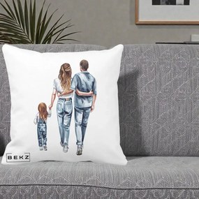 Cadou pentru Familie - Perna Personalizata Familie Acuarela Jeans, 40x40 cm, Alba Mata, Husa Detasabila, Perna Inclusa, BEKZ®
