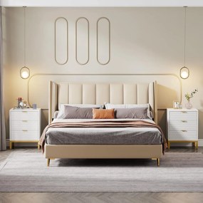 NOA70 - Set 2x Noptiere 50 cm, cu 3 sertare, dormitor - Alb - Auriu