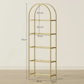 HOMCOM Raft de Depozitare Arcuit cu 5 Nivele din Oțel și Sticlă Securizată, 60x30x175 cm, Auriu | Aosom Romania