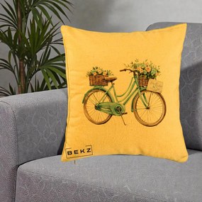 Perna Decorativa Bicicleta Teal cu Cosuri Duble de Flori Vintage, 40x40 cm, Galben, Husa Detasabila, Perna Inclusa, BEKZ®